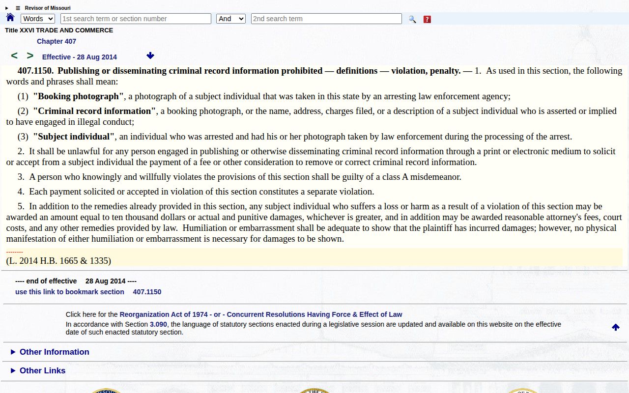 Missouri statute prohibiting payment demands to remove or correct booking-photo information